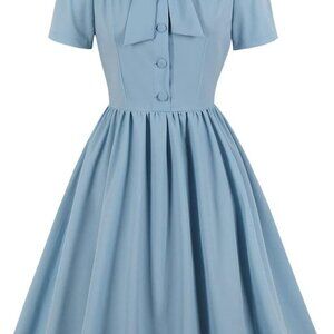Women Vintage Dress 1940s Bow Tie Neck Button Up A-line Retro Cocktail